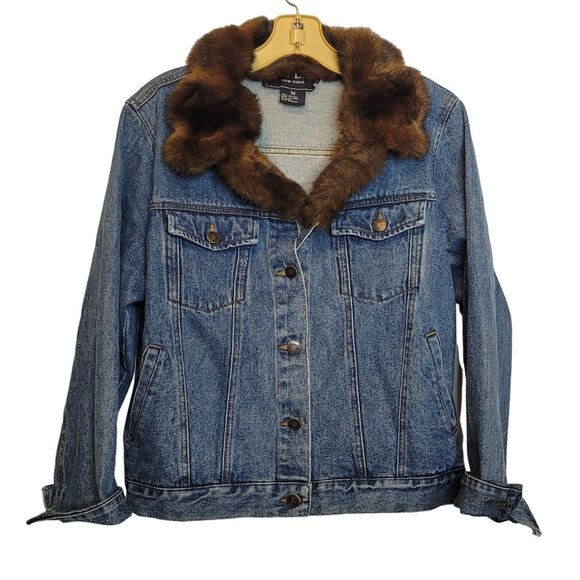 Denim Jacket Faux Fur Collar Womens Size Med Blue Brown Trim Missing Cuff Button - Picture 1 of 8